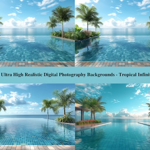 May include: Four digital photography backgrounds featuring a tropical infinity pool with palm trees and a blue sky with white clouds. The pool is surrounded by lush greenery and the water is crystal clear.