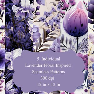 5 Individual Digital Lavender Purple Floral Seamless Patterns 300 dpi 12 in x 12 in - nature, flowers, plants Background - Instant Downloads