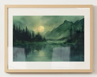 Pode incluir: Uma impressão artística emoldurada retrata uma serena cena de montanha. A obra apresenta uma lua cheia, um lago refletor e árvores perenes em silhueta. A paleta de cores é dominada por tons de verde e verde-azulado.