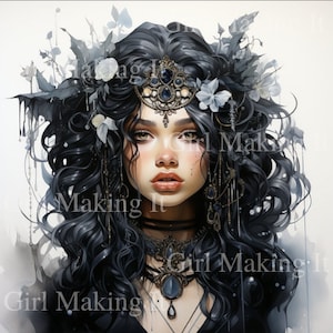 Watercolor Beautiful Modern Dark Princess Warrior Black Hair Woman, Magical Mystical Woman Art - Digital Download 300 dpi 12 in x 12 in