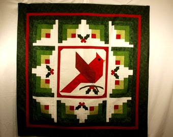 Christmas Cardinal and Holly Quilt, Log Cabin Quilt