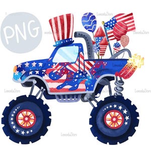 Kinder 4. Juli Monstertruck PNG, Vaterländische Sublimationsentwürfe herunterladen, Gedenktag PNG, Amerika DTF Drucke