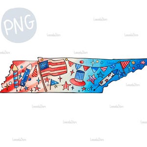 Tennessee 4 juli PNG, kaart van de Amerikaanse vlaggenstaat Png, Fourth of July sterren en vuurwerk aquarel clipart, patriottische hand getrokken