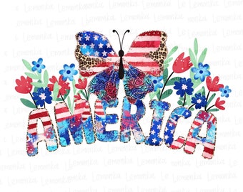 4 juli fjäril USA flagga png, America Kids fjärde juli sublimeringsdesigner nedladdning, patriotisk blommig clipart