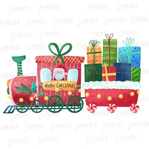 Merry Сhristmas train png, Kids Christmas Sublimation Designs, Santa Claus with gifts png