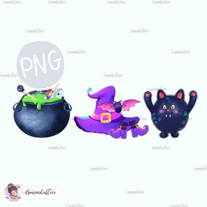 Kids Halloween trio png, Cauldron Cat Witch hat png Sublimation Designs, Watercolor Trick or Treat Bag DTF Prints digital download