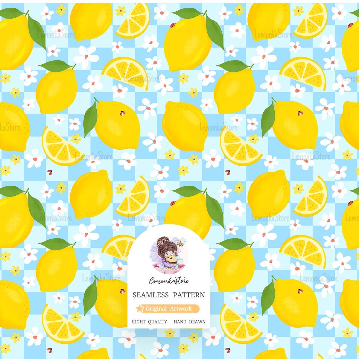 Floral Lemons Seamless Pattern PNG, Summer Blue Cheсkered Background ...