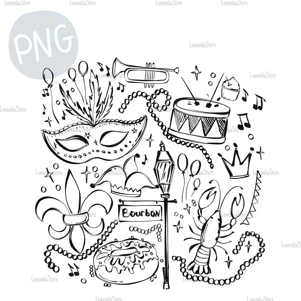 Mardi Gras outline PNG sublimation design, King cake Fleur de Lis crawfish PNG, Mardi Gras clipart