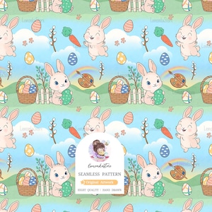 Könnte beinhalten: Nahtloses Muster mit Cartoon-Hasen, Ostereiern, Karotten und Körben. Das Design umfasst einen Regenbogen, eine Farbpalette und einen weißen Zaun, alles vor blauem Himmel und grünen Hügeln. Das Muster ist mit "SEAMLESS PATTERN" gekennzeichnet.