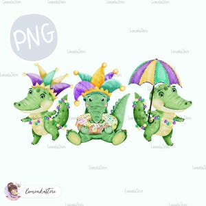 May include: Three green alligator illustrations wearing Mardi Gras costumes. One alligator is holding a donut, another is holding an umbrella, and the third is wearing a jester hat and beads.