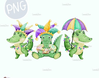 Trío de caimanes de Mardi Gras para niños, diseño de sublimación de animales de Luisiana para niño pequeño en acuarela, impresiones DTF de pastel de rey para niña pequeña