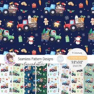 May include: A set of nine seamless pattern designs featuring a Christmas-themed tractor with Santa Claus, a snowman, gingerbread men, and presents. The patterns are in various colors, including red, green, blue, and white. The patterns are 9.8 inches by 9.8 inches.