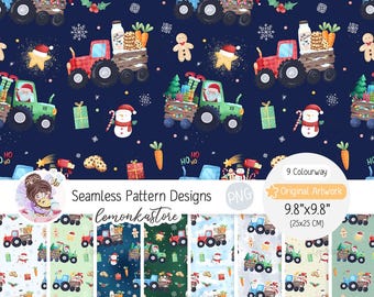 Peut inclure: Un ensemble de neuf motifs sans couture représentant un tracteur sur le thème de Noël avec le Père Noël, un bonhomme de neige, des hommes en pain d'épices et des cadeaux. Les motifs sont de différentes couleurs, notamment le rouge, le vert, le bleu et le blanc. Les motifs mesurent 9,8 pouces sur 9,8 pouces.