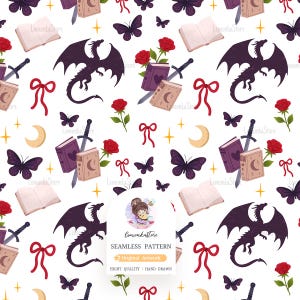Romantasy Seamless Pattern File, Bookish Fantasy Digital Paper, Dragon, Sword and Butterflies Fabric Print, Book Lover PNG
