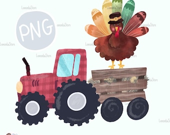 May include: A red toy tractor with a plaid pattern pulls a wooden wagon. A cartoon turkey with colorful feathers sits on top of the wagon.
