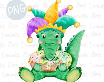 Tort Króla Aligatorów Mardi Gras PNG, akwarelowy wzór kapelusza błazna (pobieranie cyfrowe)