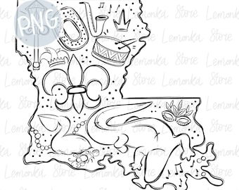 May include: A black and white line drawing of the state of Louisiana with various symbols and icons representing the state's culture, including a fleur-de-lis, a trumpet, a drum, a crown, a mask, a gator, and musical notes.