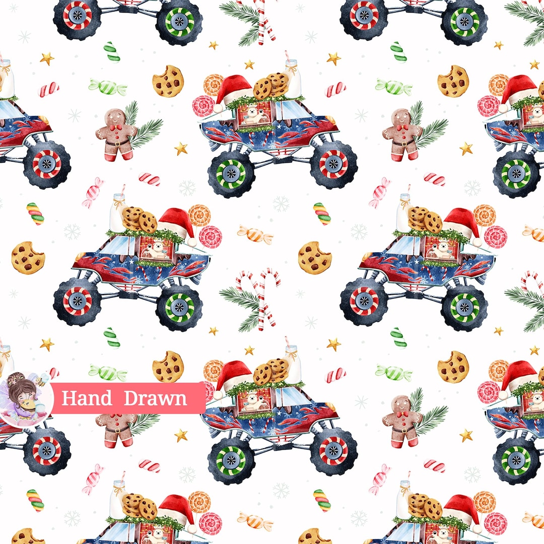 Repete Pattern Design Christmas Monster Truck Seamless Pattern, Whimsical Cookies, Milk ...