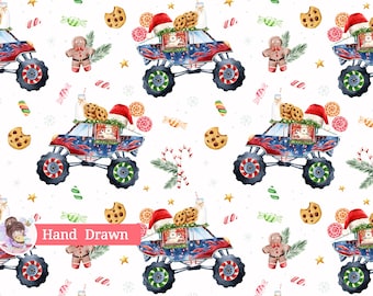 Peut inclure: Un motif répétitif sur fond blanc présentant des illustrations à l'aquarelle de monster trucks aux carrosseries rouges et bleues, bonnets de Père Noël, bonshommes en pain d'épices, cookies aux pépites de chocolat, bouteilles de lait et bonbons.