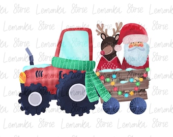 Christmas Gingham Tractor PNG, Santa and Reindeer Clipart, Funny Christmas Kids Sublimation Designs Download, Holiday on Farm