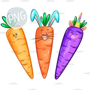 Dessins de sublimation de Pâques pour les enfants, carottes colorées, oreilles de lapin, corne de licorne PNG, clipart aquarelle de Pâques