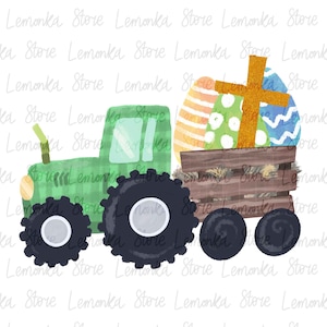 Peut inclure: Un tracteur vert avec des roues noires tire une charrette en bois remplie d'&oelig;ufs de P&acirc;ques et d'une croix dor&eacute;e &agrave; paillettes. Les &oelig;ufs sont d&eacute;cor&eacute;s de motifs et de couleurs vari&eacute;s.