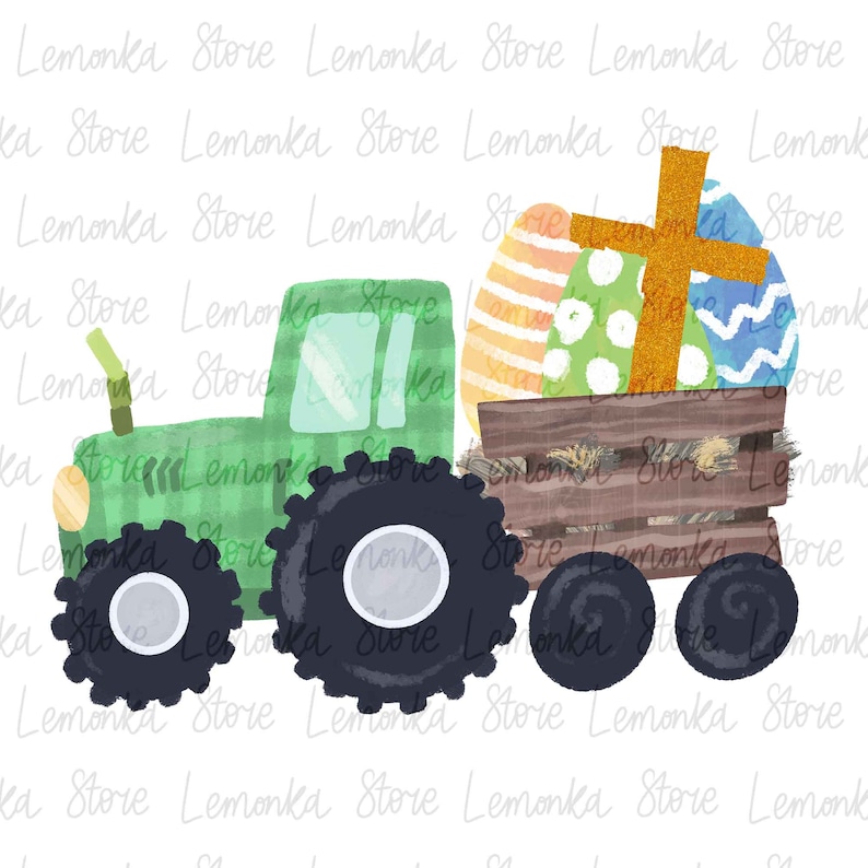 Peut inclure: Un tracteur vert avec des roues noires tire une charrette en bois remplie d'&oelig;ufs de P&acirc;ques et d'une croix dor&eacute;e &agrave; paillettes. Les &oelig;ufs sont d&eacute;cor&eacute;s de motifs et de couleurs vari&eacute;s.
