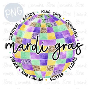 水彩マルディグラディスコボールpng、カーニバルレトロ背景PNG、フェスティバルDTFPngプリント、ニューオーリンズPNG昇華デザイン