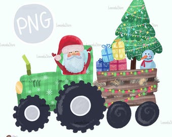 Kids Christmas Tractor Png, Toddler boy Santa truck with Gift Sublimation Designs, Watercolor Little Girl Chritstmas Farm Clipart