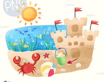 Imágenes PNG de niños en la playa, Castillo de arena PNG, Descarga de diseño de sublimación de verano para niños, Imágenes PNG de verano en acuarela para niños y niñas