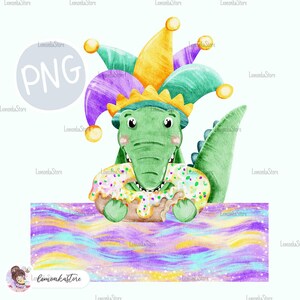 Mardi Gras Alligator King Cake name frame png, Watercolor Kids Mardi Gras Sublimation Designs Download, Louisiana Alligator Jester Hat png