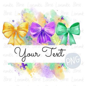 Trio de splash aquarelle de Mardi Gras avec des noeuds png, clipart nom cadre nom de la Nouvelle-Orléans, noeuds Coquette sublimation dessins, impression DTF carnaval