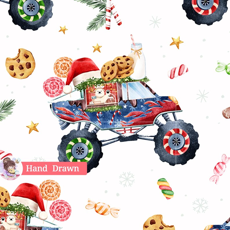 Repete Pattern Design Christmas Monster Truck Seamless Pattern, Whimsical Cookies, Milk ...