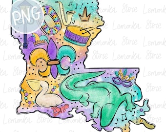 Louisiana Mardi Gras PNG, Watercolor LA Mardi Gras Alligator Crawfish Pelican Sublimation Design Download, Fleur de lis PNG