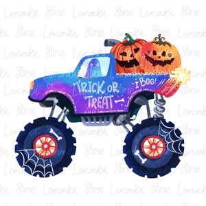 May include: A purple monster truck with a ghost driver, carrying two orange pumpkins with jack-o'-lantern faces. The truck has a "Trick or Treat" sign on the side and says "Boo!" on the back.