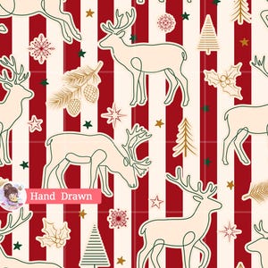 May include: A repeating pattern featuring cream-colored line art of reindeer, pine trees, holly leaves, and snowflakes on a background of vertical red and cream stripes. Small gold and green stars are scattered throughout the festive design.