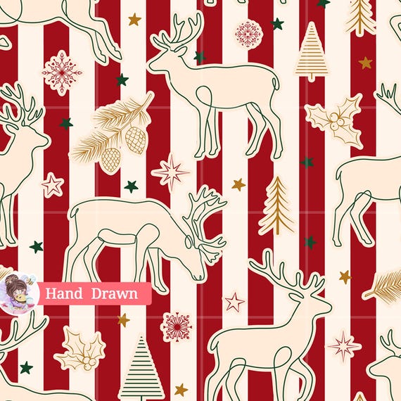Christmas Reindeer Seamless Pattern, Red and White Stripes Holiday Fabric Design, Line Art Deer Digital Paper, Traditional Xmas Repeat PNG