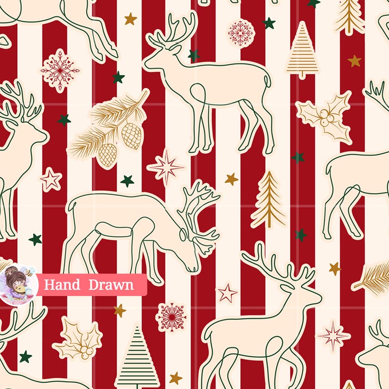 Seamless repeating pattern design featuring minimalist cream line art reindeer, gold christmas trees, pinecones, and holiday wreaths over a bold red and white vertical stripe background.