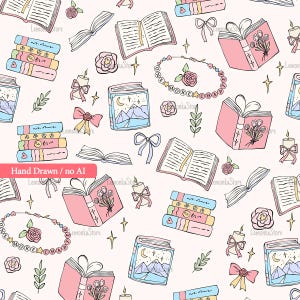 Boekachtig naadloos patroon, Coquette Book Lover Romantasy digitaal papier, Cozy Cottage Reader digitale download