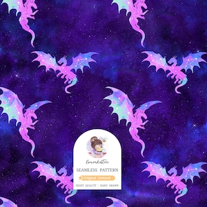 May include: Seamless pattern featuring stylized dragons with iridescent wings and constellation patterns, set against a deep purple and blue galaxy background. The dragons are in shades of pink, purple, and blue. The image includes the text "SEAMLESS PATTERN" and "Original Artwork".