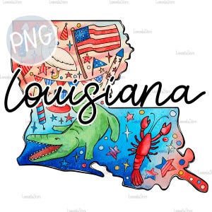 4. Juli Louisiana State Png, Alligator Pelican Hummerfisch 4. Juli Aquarell Clipart, Vaterländische Landkarte Sublimationsdesign