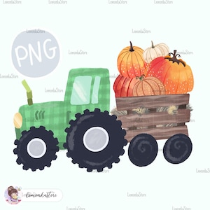 May include: A green tractor with a plaid pattern pulls a wooden wagon filled with orange, red, and yellow pumpkins. The tractor has large black wheels and a brown wooden wagon bed.