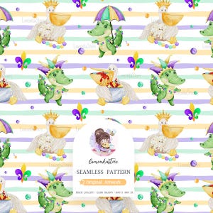 Bambini Mardi Gras Seamless Pattern, Mardi Gras Alligator King Cake Pelican Aragoste Carta digitale, file stampabile Louisiana Background