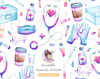 Colorful Nurse Seamless pattern design, Watercolor Medical seamless file, Printable Nurse digital scrapbook paper, Hospital background