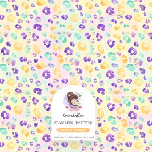 May include: A seamless pattern featuring a watercolor design of purple, yellow, and green animal print spots on a light yellow background. The pattern is framed by a white circle with a cartoon illustration of a girl wearing a crown and holding a butterfly. The text "Lemonkstore Seamless Pattern" and "Original Artwork" is displayed below the illustration.