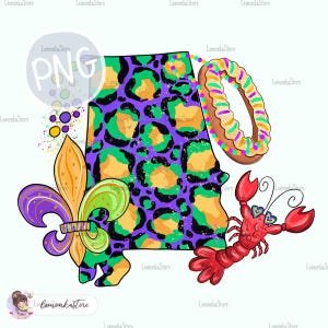 Imprimé léopard Alabama PNG, AL Mardi Gras png téléchargement de dessins par sublimation, violet or vert fleur de lys png, King Cake png, écrevisses png