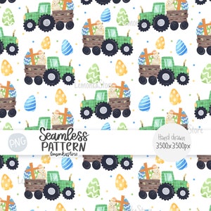 May include: A seamless pattern featuring a green tractor carrying Easter eggs and a bunny. The background is white with yellow, blue, and green Easter eggs scattered throughout.