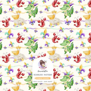 May include: A seamless pattern featuring watercolor illustrations of a pelican, alligator, and crawfish in Mardi Gras colors. The pattern is perfect for crafting, scrapbooking, and other creative projects.