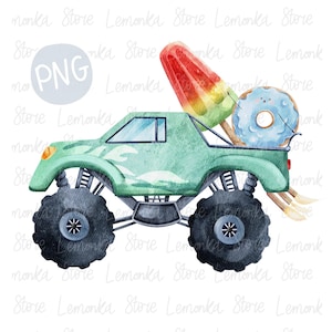Beach Truck PNG, Boys Summer Vehicle ice cream donut PNG Sublimation Design, Watercolor Birthday Truck DTF Print Clipart