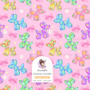 Può includere: Un motivo senza cuciture con illustrazioni di cani a palloncino colorati, fiocchi e fiori su sfondo rosa. Il design include il testo "SEAMLESS PATTERN" e "Original Artwork". L'opera d'arte è descritta come "HIGHT QUALITY / HAND DRAWN".